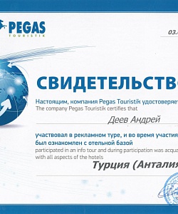 Сертификат по отелям Турции